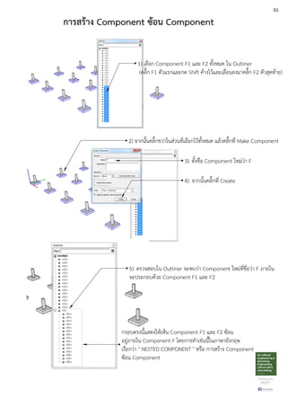 46
การสร:าง Component ซ:อน Component
1) เลือก Component F1 และ F2 ทั้งหมด ใน Outliner
(คลิ๊ก F1 ตัวแรกและกด Shift คEางไวEและเลื่อนลงมาคลิ๊ก F2 ตัวสุดทEาย)
2) จากนั้นคลิ๊กขวาในสDวนที่เลือกไวEทั้งหมด แลEวคลิ๊กที่ Make Component
3). ตั้งชื่อ Component ใหมDวDา F
4). จากนั้นคลิ๊กที่ Create
5). ตรวจสอบใน Outliner จะพบวDา Component ใหมDที่ชื่อวDา F ภายใน
จะประกอบดEวย Component F1 และ F2
กรอบตรงนี้แสดงใหEเห็น Component F1 และ F2 ซEอน
อยูDภายใน Component F โดยการทําเชDนนี้ในภาษาอังกฤษ
เรียกวDา " NESTED COMPONENT " หรือ การสรEาง Component
ซEอน Component
 