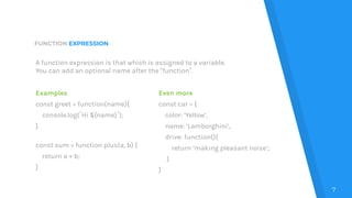 FUNCTION EXPRESSION
Examples
const greet = function(name){
console.log(`Hi ${name}`);
}
const sum = function plus(a, b) {
return a + b;
}
Even more
const car = {
color: ‘Yellow’,
name: ‘Lamborghini’,
drive: function(){
return ‘making pleasant noise’;
}
}
7
A function expression is that which is assigned to a variable.
You can add an optional name after the “function”.
 
