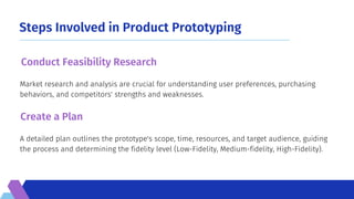 Steps Involved in Product Prototyping
A detailed plan outlines the prototype's scope, time, resources, and target audience, guiding
the process and determining the fidelity level (Low-Fidelity, Medium-fidelity, High-Fidelity).
Market research and analysis are crucial for understanding user preferences, purchasing
behaviors, and competitors' strengths and weaknesses.
Conduct Feasibility Research
Create a Plan
 