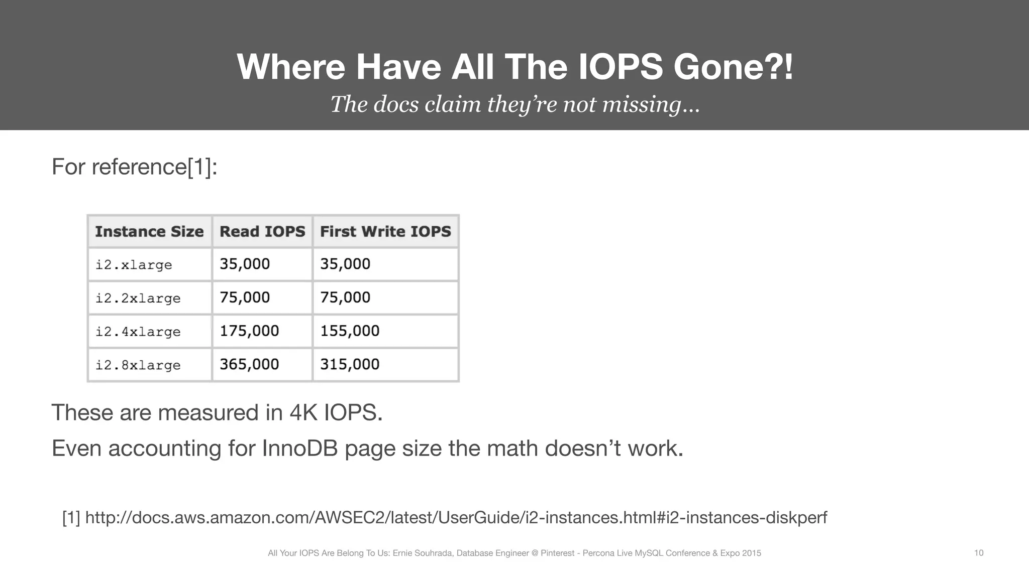The docs claim they’re not missing…
For reference[1]:






These are measured in 4K IOPS.
Even accounting for InnoDB page size the math doesn’t work. 



Where Have All The IOPS Gone?!
10
All Your IOPS Are Belong To Us: Ernie Souhrada, Database Engineer @ Pinterest - Percona Live MySQL Conference & Expo 2015
[1] http://docs.aws.amazon.com/AWSEC2/latest/UserGuide/i2-instances.html#i2-instances-diskperf
 