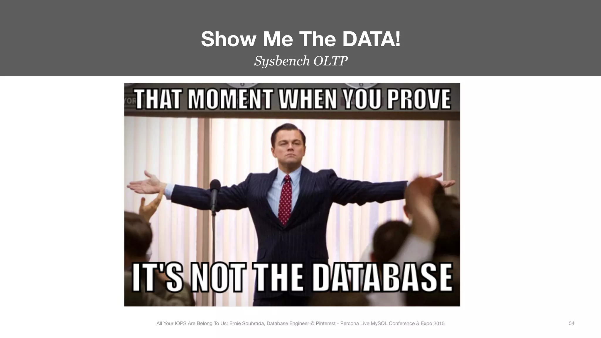 Sysbench OLTP
Show Me The DATA!
34
All Your IOPS Are Belong To Us: Ernie Souhrada, Database Engineer @ Pinterest - Percona Live MySQL Conference & Expo 2015
 