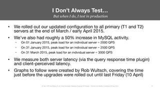 But when I do, I test in production
•  We rolled out our updated conﬁguration to all primary (T1 and T2)
servers at the en...