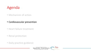 Agenda
• Mechanism of action
• Cardiovascular prevention
• Heart failure treatment
• Renal protection
• Daily practice guidance
 