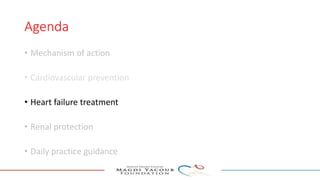 Agenda
• Mechanism of action
• Cardiovascular prevention
• Heart failure treatment
• Renal protection
• Daily practice guidance
 