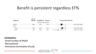 Benefit is persistent regardless EF%
Limitations:
-Small number of HFpEF
-Not powered
-Premature termination (Fund)
 