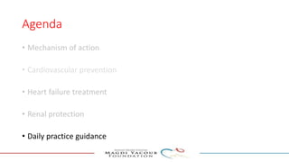 Agenda
• Mechanism of action
• Cardiovascular prevention
• Heart failure treatment
• Renal protection
• Daily practice guidance
 
