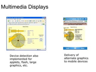 Multimedia DisplaysDelivery of alternate graphics to mobile devicesDevice detection also implemented for applets, flash, large graphics, etc.