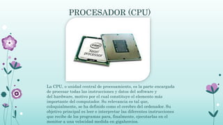PROCESADOR (CPU)
La CPU, o unidad central de procesamiento, es la parte encargada
de procesar todas las instrucciones y datos del software y
del hardware, motivo por el cual constituye el elemento más
importante del computador. Su relevancia es tal que,
coloquialmente, se ha definido como el cerebro del ordenador. Su
objetivo principal es leer e interpretar las diferentes instrucciones
que recibe de los programas para, finalmente, ejecutarlas en el
monitor a una velocidad medida en gigahercios.
 