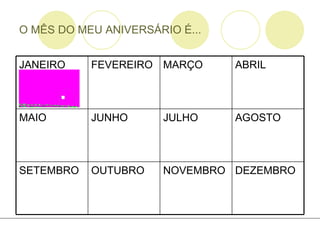 O MÊS DO MEU ANIVERSÁRIO É... DEZEMBRO NOVEMBRO OUTUBRO SETEMBRO AGOSTO JULHO JUNHO MAIO ABRIL MARÇO FEVEREIRO JANEIRO 