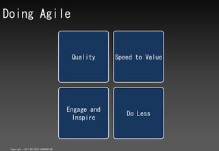 Doing Agile


                                          Quality     Speed to Value




                                         Engage and
                                                         Do Less
                                          Inspire



 Copyright ? 2011 NTT DATA CORPORATION
 