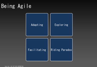 Being Agile


                                          Adapting        Exploring




                                         Facilitating   Riding Paradox




 Copyright ? 2011 NTT DATA CORPORATION
 