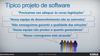 Típico projeto de software
“Nossa equipe não produz o quanto gostaríamos”
“Nosso cronograma está atrasado”
“Nossa equipe de desenvolvimento não se comunica”
“Precisamos nos adequar às novas legislações”
“Não conseguimos garantir a qualidade das soluções”
 