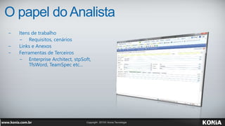 O papel do Analista
− Itens de trabalho
− Requisitos, cenários
− Links e Anexos
− Ferramentas de Terceiros
− Enterprise Architect, stpSoft,
TfsWord, TeamSpec etc...
 
