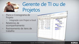 Gerente de TI ou de
Projetos
− Plano e Cronograma de
Projeto
− Integração com Project e Excel
− Relatórios de
acompanhamento
− Rastreamento de itens de
trabalho
 