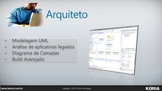 Arquiteto
− Modelagem UML
− Análise de aplicativos legados
− Diagrama de Camadas
− Build Avançado
 