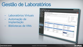 Gestão de Laboratórios
− Laboratórios Virtuais
− Automação de
Implantação
− Bibliotecas de VMs
 