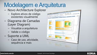 Modelagem e Arquitetura
− Novo Architecture Explorer
− Explore ativos de código
existentes visualmente
− Diagrama de Camad...