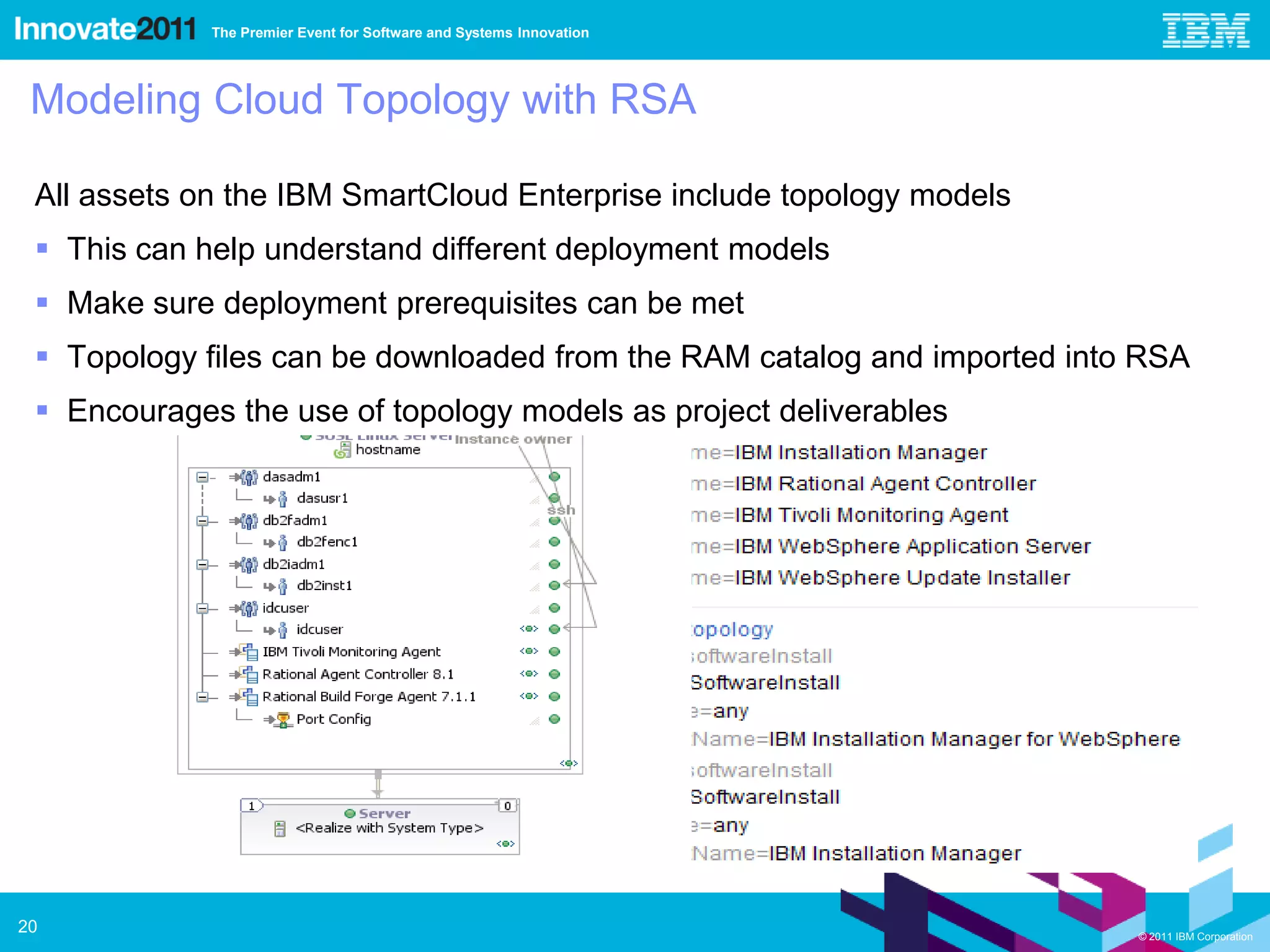 The Premier Event for Software and Systems Innovation




 Modeling Cloud Topology with RSA

 All assets on the IBM SmartCloud Enterprise include topology models
  This can help understand different deployment models
  Make sure deployment prerequisites can be met
  Topology files can be downloaded from the RAM catalog and imported into RSA
  Encourages the use of topology models as project deliverables




20                                                                        © 2011 IBM Corporation
 