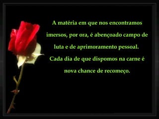 A matéria em que nos encontramos imersos, por ora, é abençoado campo de luta e de aprimoramento pessoal.  Cada dia de que dispomos na carne é nova chance de recomeço. 