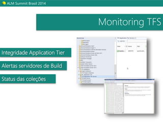 ALM Summit Brasil 2014 
Monitoring TFS 
Integridade Application Tier 
Alertas servidores de Build 
Status das coleções 
 