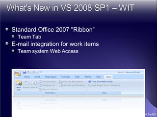 Standard Office 2007 "Ribbon” Team Tab E-mail integration for work items Team system Web Access 