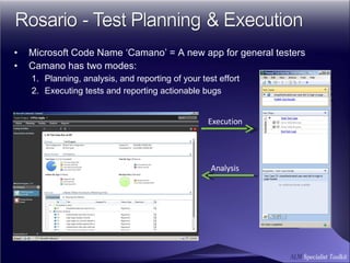 Microsoft Code Name ‘Camano’ = A new app for general testers Camano has two modes: Planning, analysis, and reporting of your test effort Executing tests and reporting actionable bugs Execution Analysis 