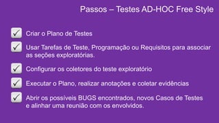Criar o Plano de Testes
Configurar os coletores do teste exploratório
Executar o Plano, realizar anotações e coletar evidências
Abrir os possíveis BUGS encontrados, novos Casos de Testes
e alinhar uma reunião com os envolvidos.
Passos – Testes AD-HOC Free Style
Usar Tarefas de Teste, Programação ou Requisitos para associar
as seções exploratórias.
 