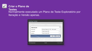 Criar o Plano de
Testes
Normalmente executado um Plano de Teste Exploratório por
Iteração e Versão apenas.
 
