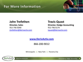 14www.DerivActiv.com Demystifying Hedge Accounting
John Trefethen
Director, Sales
952-746-6040
jtrefethen@derivactiv.com
Minneapolis || New York || Panama City
www.DerivActiv.com
866-200-9012
Travis Quast
Director, Hedge Accounting
952-746-6174
tquast@derivactiv.com
 