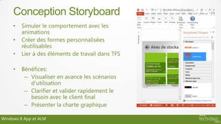 Conception Storyboard
     •   Simuler le comportement avec les
         animations
     •   Créer des formes personnalisées
         réutilisables
     •   Lier à des éléments de travail dans TFS

     •   Bénéfices:
          – Visualiser en avance les scénarios
            d’utilisation
          – Clarifier et valider rapidement le
            besoin avec le client final
          – Présenter la charte graphique

Windows 8 App et ALM
 