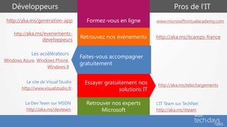 Développeurs                                                            Pros de l’IT
 http://aka.ms/generation-app          Formez-vous en ligne        www.microsoftvirtualacademy.com

    http://aka.ms/evenements-
                  developpeurs       Retrouvez nos évènements      http://aka.ms/itcamps-france


            Les accélérateurs
                                     Faites-vous accompagner
Windows Azure, Windows Phone,
                                     gratuitement
                   Windows 8


          Le site de Visual Studio    Essayer gratuitement nos     http://aka.ms/telechargements
       http://www.visualstudio.fr                   solutions IT

         La Dev’Team sur MSDN          Retrouver nos experts       L’IT Team sur TechNet
          http://aka.ms/devteam              Microsoft             http://aka.ms/itteam
 