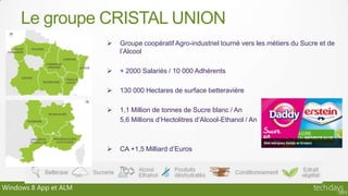 Le groupe CRISTAL UNION
                          Groupe coopératif Agro-industriel tourné vers les métiers du Sucre et de
                           l’Alcool

                          + 2000 Salariés / 10 000 Adhérents

                          130 000 Hectares de surface betteravière

                          1,1 Million de tonnes de Sucre blanc / An
                           5,6 Millions d’Hectolitres d’Alcool-Ethanol / An



                          CA +1,5 Milliard d’Euros




Windows 8 App et ALM
 