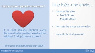 • Impacte les sites
– Front Office
– Middle Office
• Impacte les bases de données
• Impacte la configuration
Une idée, une envie…
Une idée marketing qui tue
A la Saint Valentin, déclarez votre
flamme et faites profiter de réductions
inédites* à l’élu(e) de votre cœur !
* cf tous les articles marqués d’un cœur !
 