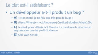 A vos buzzers… Votez !
• Un développeur a-t-il produit un bug ?
– A) « Non merci, je ne fais que très peu de bugs »
– B) clients.Where(x=>x.IsAmoureux).CrediterSoldeBonAchat(100);
– C) Le développeur déteste la St Valentin, il a transformé la réduction en
augmentation pour les profils St Valentin
– D) Obi-Wan Kenobi
Le plat est-il satisfaisant ?
 