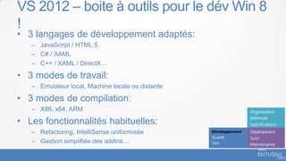 VS 2012 – boite à outils pour le dév Win 8
!
• 3 langages de développement adaptés:
   – JavaScript / HTML 5
   – C# / XAML
   – C++ / XAML / DirectX…

• 3 modes de travail:
   – Emulateur local, Machine locale ou distante

• 3 modes de compilation:
   – X86, x64, ARM                                                 Organisation
                                                                   Méthode
• Les fonctionnalités habituelles:                                 Spécifications
   – Refactoring, IntelliSense uniformisée         Développement   Déploiement
                                                   Qualité         Suivi
   – Gestion simplifiée des addins…                Test            Maintenance
 