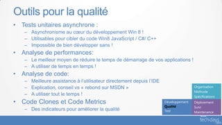 Outils pour la qualité
• Tests unitaires asynchrone :
   – Asynchronisme au cœur du développement Win 8 !
   – Utilisables pour cibler du code Win8 JavaScript / C#/ C++
   – Impossible de bien développer sans !
• Analyse de performances:
   – Le meilleur moyen de réduire le temps de démarrage de vos applications !
   – A utiliser de temps en temps !
• Analyse de code:
   – Meilleure assistance à l’utilisateur directement depuis l’IDE
   – Explication, conseil vs « rebond sur MSDN »                                     Organisation
                                                                                     Méthode
   – A utiliser tout le temps !                                                      Spécifications
• Code Clones et Code Metrics                                        Développement   Déploiement
                                                                     Qualité         Suivi
   – Des indicateurs pour améliorer la qualité                       Test            Maintenance
 