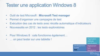 Tester une application Windows 8
•   Outil de test Microsoft : Microsoft Test manager
•   Permet d’organiser une campagne de test
•   Exécution des cas de tests avec récolte automatique d’indicateurs
•   Nouveautés en 2012 : les tests exploratoires

• Pour Windows 8 : cela fonctionne également…
• … on peut tester sur une tablette !                                  Organisation
                                                                       Méthode
                                                                       Spécifications
                                                       Développement   Déploiement
                                                       Qualité         Suivi
                                                       Test            Maintenance
 