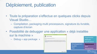 Déploiement, publication

• Toute la préparation s’effectue en quelques clicks depuis
  Visual Studio…
   – Compilation, packaging multi processeurs, signature du livrable,
     capture d’écran
• Possibilité de debugger une application « déjà installée
  sur la machine »
                                                                     Organisation
   – Debug « app package »                                           Méthode
                                                                     Spécifications
                                                     Développement   Déploiement
                                                     Qualité         Suivi
                                                     Test            Maintenance
 