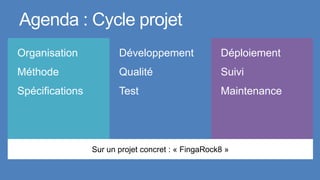 Agenda : Cycle projet
Organisation            Développement               Déploiement
Méthode                 Qualité                     Suivi
Spécifications          Test                        Maintenance




                 Sur un projet concret : « FingaRock8 »
 