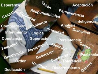 Confianza  Obediencia  Respeto  Responsabilidad Paciencia  Rectitud Aceptación  Deducción  Disciplina  Docilidad  Discernimiento  Comprensión  Dedicación  Inteligencia Confianza  Felicidad  Esperanza  Perseverancia  Superación  Persistencia  Atención  Inferimiento  Flexibilidad  Oficiosidad  Tesón  Calma  Control  Orden Lógica  Tolerancia  Constancia Análisis  