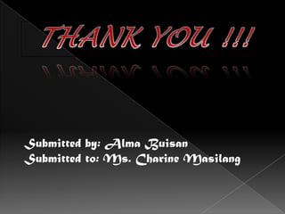 Submitted by: Alma Buisan
Submitted to: Ms. Charine Masilang
 