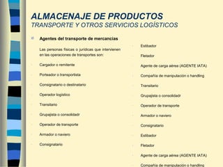  Agentes del transporte de mercancías
Las personas físicas o jurídicas que intervienen
en las operaciones de transportes son:
- Cargador o remitente
- Porteador o transportista
- Consignatario o destinatario
- Operador logístico
- Transitario
- Grupajista o consolidadr
- Operador de transporte
- Armador o naviero
- Consignatario
- Estibador
- Fletador
- Agente de carga aérea (AGENTE IATA)
- Compañía de manipulación o handling
- Transitario
- Grupajista o consolidadr
- Operador de transporte
- Armador o naviero
- Consignatario
- Estibador
- Fletador
- Agente de carga aérea (AGENTE IATA)
- Compañía de manipulación o handling
ALMACENAJE DE PRODUCTOS
TRANSPORTE Y OTROS SERVICIOS LOGÍSTICOS
 