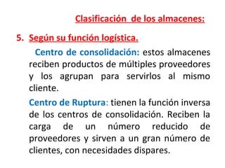 Clasificación de los almacenes:
5. Según su función logística.
Centro de consolidación: estos almacenes
reciben productos de múltiples proveedores
y los agrupan para servirlos al mismo
cliente.
Centro de Ruptura: tienen la función inversa
de los centros de consolidación. Reciben la
carga de un número reducido de
proveedores y sirven a un gran número de
clientes, con necesidades dispares.
 