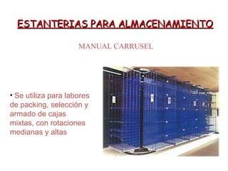 ESTANTERIAS PARA ALMACENAMIENTOESTANTERIAS PARA ALMACENAMIENTO
MANUAL CARRUSEL
• Se utiliza para labores
de packing, selección y
armado de cajas
mixtas, con rotaciones
medianas y altas
 