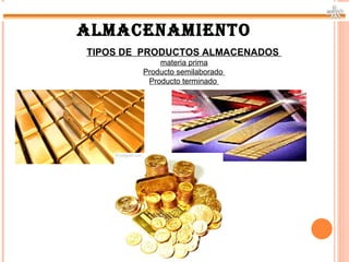 ALMACENAMIENTO
TIPOS DE PRODUCTOS ALMACENADOS
            materia prima
        Producto semilaborado
         Producto terminado
 