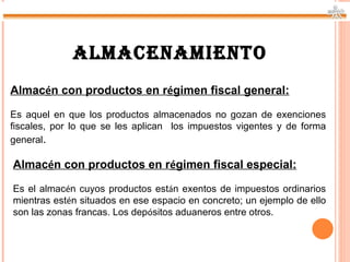 ALMACENAMIENTO
Almacén con productos en régimen fiscal general:

Es aquel en que los productos almacenados no gozan de exenciones
fiscales, por lo que se les aplican los impuestos vigentes y de forma
general.

Almacén con productos en régimen fiscal especial:

Es el almacén cuyos productos están exentos de impuestos ordinarios
mientras estén situados en ese espacio en concreto; un ejemplo de ello
son las zonas francas. Los depósitos aduaneros entre otros.
 