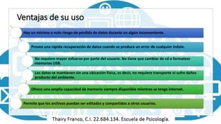 Ventajas de su uso
Hay un mínimo o nulo riesgo de pérdida de datos durante un algún inconveniente.
Provee una rápida recuperación de datos cuando se produce un error de cualquier índole.
No requiere mayor esfuerzo por parte del usuario. No tiene que cambiar de cd o formatear
memorias USB.
Los datos se mantienen sin una ubicación física, es decir, no requiere transporte ni sufre daños
producto del ambiente.
Ofrece una amplia capacidad de memoria siempre disponible mientras se tenga internet.
Permite que los archivos puedan ser editados y compartidos a otros usuarios.
 