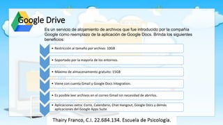 Google Drive
• Restricción al tamaño por archivo: 10GB
• Soportado por la mayoría de los entornos.
• Máximo de almacenamiento gratuito: 15GB
• Viene con cuenta Gmail y Google Docs Integration.
• Es posible leer archivos en el correo Gmail sin necesidad de abrirlos.
• Aplicaciones extra: Corre, Calendario, Chat Hangout, Google Docs y demás
aplicaciones del Google Apps Suite
Es un servicio de alojamiento de archivos que fue introducido por la compañía
Google como reemplazo de la aplicación de Google Docs. Brinda los siguientes
beneficios:
 