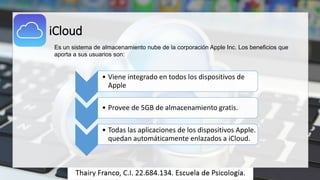 iCloud
Es un sistema de almacenamiento nube de la corporación Apple Inc. Los beneficios que
aporta a sus usuarios son:
• Viene integrado en todos los dispositivos de
Apple
• Provee de 5GB de almacenamiento gratis.
• Todas las aplicaciones de los dispositivos Apple.
quedan automáticamente enlazados a iCloud.
 