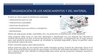 ORGANIZACIÓN DE LOS MEDICAMENTOS Y DEL MATERIAL
1. Almacenaje de los medicamentos que no requieran cadena de frío
El stock se coloca según la clasificación adoptada:
– medicamentos para vía oral
– medicamentos inyectables
– soluciones de perfusión
– medicamentos para uso externo y antisépticos
– desinfectantes
Dentro de cada grupo (orales, inyectables, etc.), los productos se clasifican por orden alfabético.
Cada producto debe tener un sitio bien delimitado e identificado con una etiqueta fija indicando el
nombre del producto en DCI, la forma farmacéutica y dosificación. La designación de un lugar preciso
para cada producto permite visualizar de inmediato la cantidad disponible y llamar la atención sobre
una eventual ruptura de stock.
Prever suficiente espacio para cada producto.
Indicar sobre las cajas, de una manera bien visible (rotulador grueso), la fecha de caducidad. Situar en el
fondo de las estanterías los productos que tengan una fecha de caducidad más lejana y delante los que
van a caducar antes. Este método es indispensable para evitar que los productos caduquen durante su
almacenamiento.
 